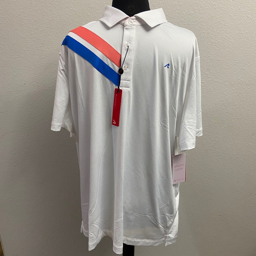 REDVANLY Mens XL‎ White Westin Polo NWT Blue Coral Stripe Performance Golf Shirt